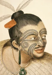 Porträt eines Maori-Häuptlings mit vollem Gesichtstätowierung, 1769